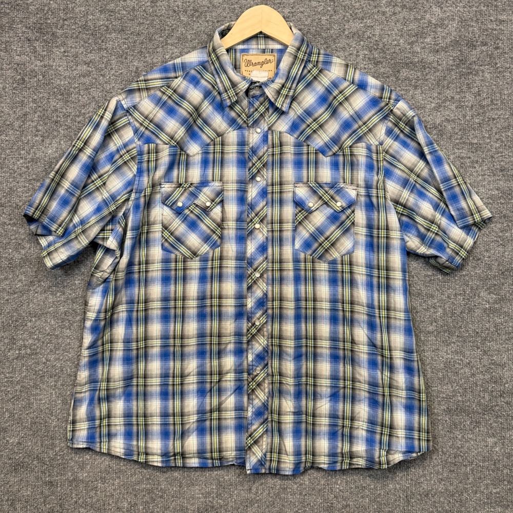 Vintage Wrangler Size XXL Western Snap Shirt Blue Cotton Plaid Pearl Snap Preppy